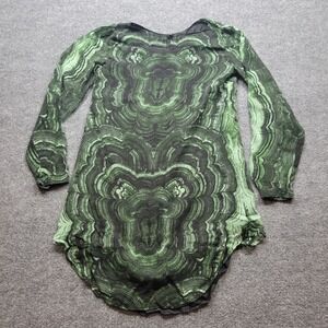 Nieves Lavi Dress‎ Womens 2 Green Black Abstract Print Silk Long Sleeve Cocktail